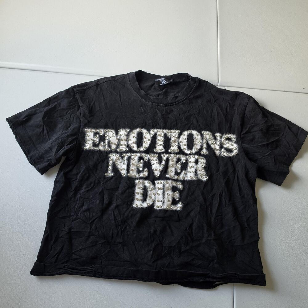 Mixed Emotion Tee Shirt Small Black Emotions Never Die Rhinestone Top